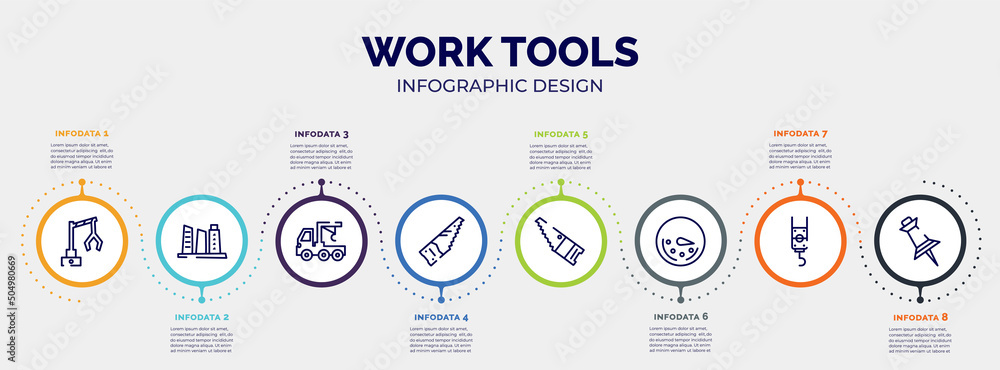 Aufkleber infographic for work tools concept. vector infographic template with icons and 8 option or steps. in