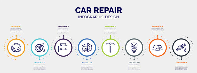 infographic for car repair concept. vector infographic template with icons and 8 option or steps. included ear protection, tyre, lunchbox, car service, gardening digger, ecologic light bulb,