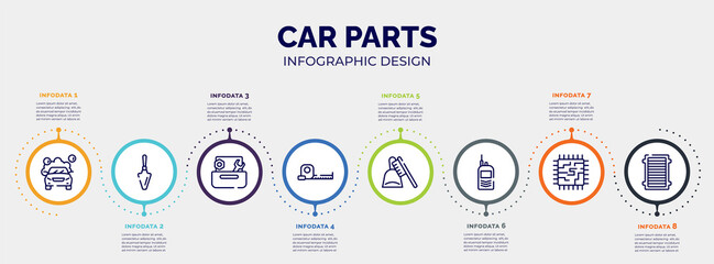 infographic for car parts concept. vector infographic template with icons and 8 option or steps. included car wash, garden palette, wrench and nut, open scale, dustpan and brush, portable radio,