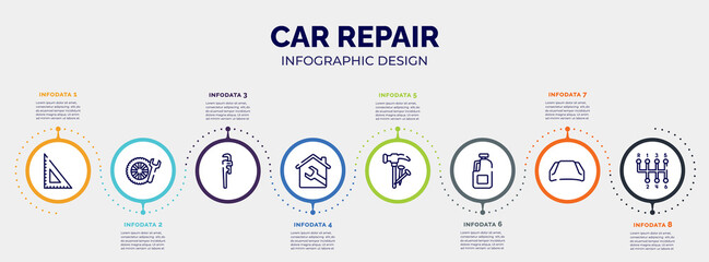 Fototapeta na wymiar infographic for car repair concept. vector infographic template with icons and 8 option or steps. included null, winter tires, stillson wrench, house, hammer and nail, gallon oil, hood, gear stick