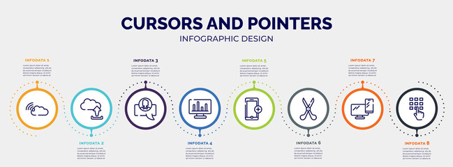 infographic for cursors and pointers concept. vector infographic template with icons and 8 option or steps. included connected clouds by internet, uploading from computer, chat avatar, laptop with