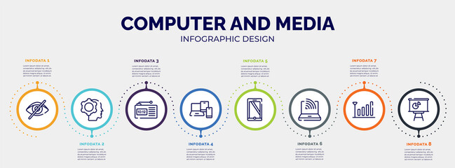 infographic for computer and media concept. vector infographic template with icons and 8 option or steps. included visibility off, head with cogwheel, radio alarm, phone tablet and laptop, monitor