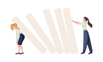 Fototapeta premium Business woman pushing dominoes on another woman, flat vector isolated.