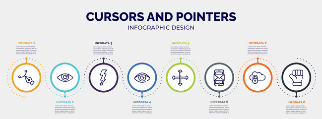infographic for cursors and pointers concept. vector infographic template with icons and 8 option or steps. included pencil tool, shiny eye, lightning electric energy, eye close up, vertical and
