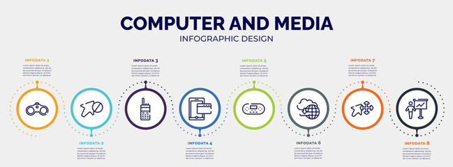 infographic for computer and media concept. vector infographic template with icons and 8 option or steps. included binoculars tool, forbidden, satellite phone, tablet phone and browser, portable