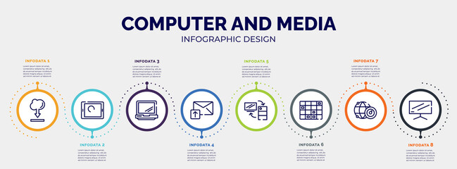 infographic for computer and media concept. vector infographic template with icons and 8 option or steps. included internet cloud download, touch screen, laptop opened tool, email upload, server