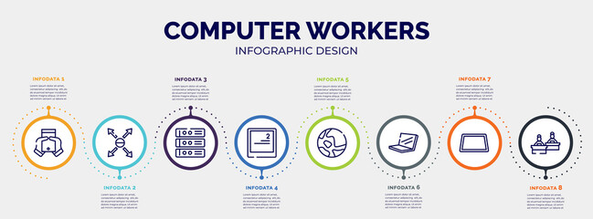 infographic for computer workers concept. vector infographic template with icons and 8 option or steps. included null, responsive, rack servers, keyboard key with number 2, map, laptop in
