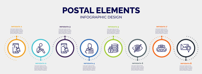 infographic for postal elements concept. vector infographic template with icons and 8 option or steps. included swipe up, lonely, swipe left, charged, encrypt, hide, tape player, addressee editable