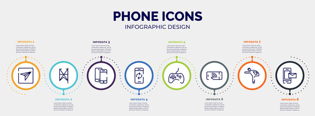 infographic for phone icons concept. vector infographic template with icons and 8 option or steps. included send message, lace, smartphones couple, smartphone with reload arrows, game controller,