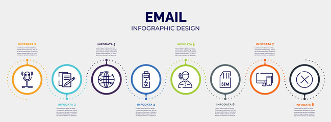 infographic for email concept. vector infographic template with icons and 8 option or steps. included voice recorder, , worlwide transmission, charge, boy talking by phone, simcard, responsive de,