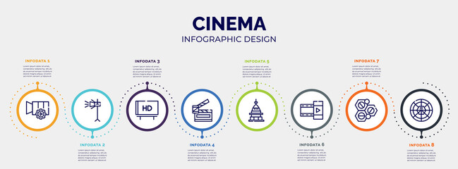 infographic for cinema concept. vector infographic template with icons and 8 option or steps. included video tings, movie light, hd, slapstick open, mole antonelliana in turin, film strip black,