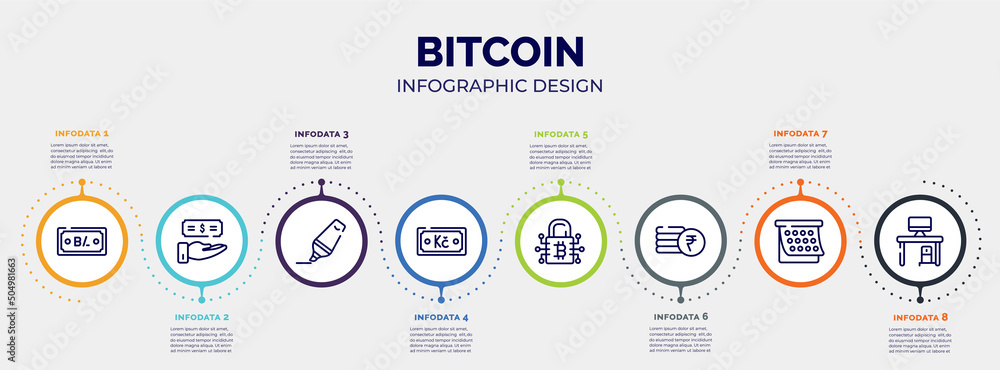Poster infographic for bitcoin concept. vector infographic template with icons and 8 option or steps. inclu