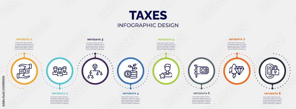Aufkleber infographic for taxes concept. vector infographic template with icons and 8 option or steps. include