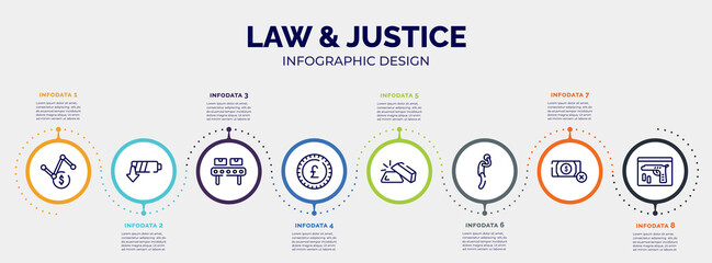 infographic for law & justice concept. vector infographic template with icons and 8 option or steps. included volatility, low energy, manufacture, pound sterling, gold ingot, depressed, no money,