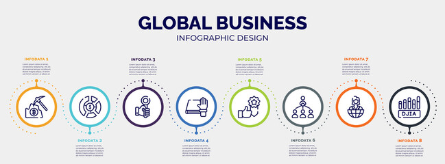 infographic for global business concept. vector infographic template with icons and 8 option or steps. included pick, allocation, hand up, oath, best seller, organization chart, entrepreneur, null