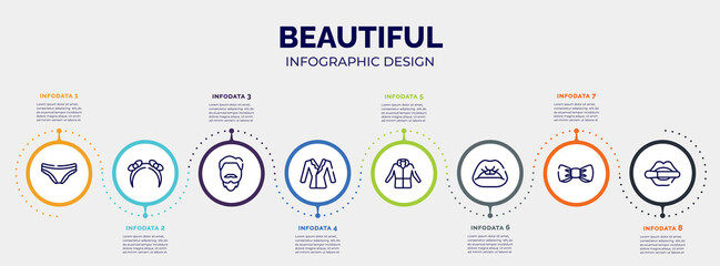 infographic for beautiful concept. vector infographic template with icons and 8 option or steps. included panties, headbands, man with goatbeard, suit on hanger, parka, women lips, wedding bow tie,