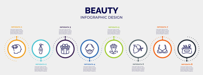 infographic for beauty concept. vector infographic template with icons and 8 option or steps. included mindfulness, lotion bottle, gift box with lace, face with stubble, meditation, hairstyle,