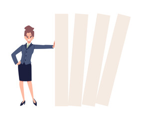 Confident business woman holding on dominoes, flat vector illustration isolated.
