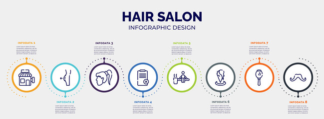 infographic for hair salon concept. vector infographic template with icons and 8 option or steps. included barber, liposuction, female head, disclaimer, sauna, hair salon, hand mirror, mustache