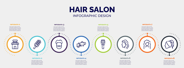 infographic for hair salon concept. vector infographic template with icons and 8 option or steps. included barber shop, whisk, male head hair and beard, herbal, clipper, woman head side view, wavy