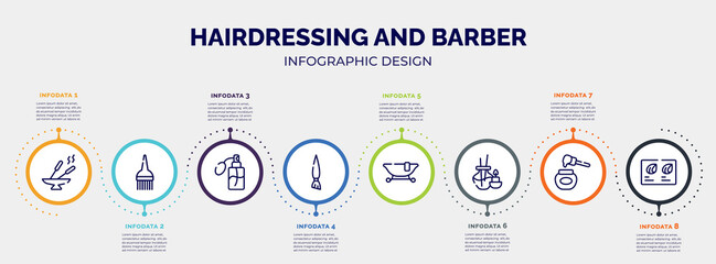 infographic for hairdressing and barber concept. vector infographic template with icons and 8 option or steps. included incense, brush tool, perfume, angle brush, , aromatherapy, honey, hair color