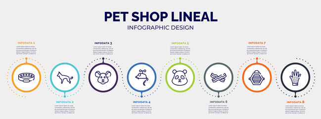 infographic for pet shop lineal concept. vector infographic template with icons and 8 option or steps. included cat collar, german shepherd, mouse head, toy mouse, panda bear head, null, cat box, - obrazy, fototapety, plakaty