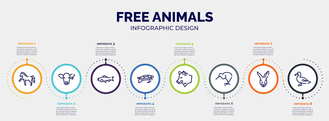infographic for free animals concept. vector infographic template with icons and 8 option or steps. included horse with leg up, cow head, big salmon, swimming turtle, wolf head, kiwi eating,
