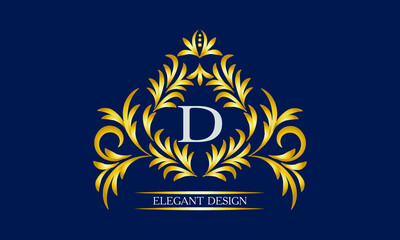 Elegant monogram for cards, invitations, menus, labels with the letter D on a dark background. Exquisite design of pages, business sign, boutiques, cafes, hotels, wedding invitations.