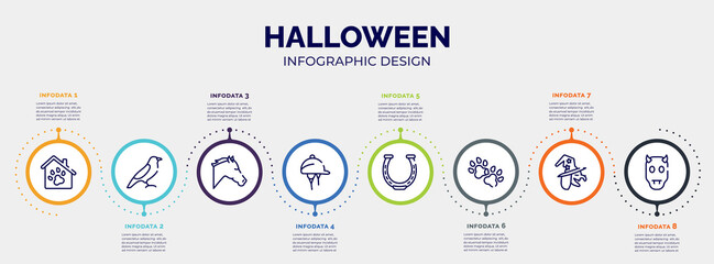 infographic for halloween concept. vector infographic template with icons and 8 option or steps. included pet hotel, bird of black feathers, horse head, hat for a jockey, horseshoe, dog paw, witch,