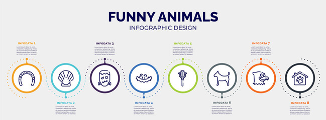 infographic for funny animals concept. vector infographic template with icons and 8 option or steps. included null, seashell, frankenstein, birds in nest, trident, plain dog, eagle, pet hotel