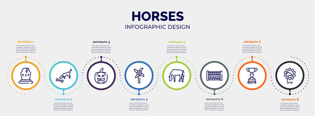 Fototapeta na wymiar infographic for horses concept. vector infographic template with icons and 8 option or steps. included tombstone, dog smelling a bone, lantern, pinwheel, horse grazing, fence for horses jumps,