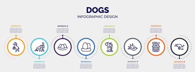 infographic for dogs concept. vector infographic template with icons and 8 option or steps. included wild horse, dog and a man, egg in a nest, egg, flower pot, black bird, pets hotel, dog shitting