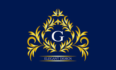 Elegant monogram for cards, invitations, menus, labels with the letter G on a dark background. Exquisite design of pages, business sign, boutiques, cafes, hotels, wedding invitations.