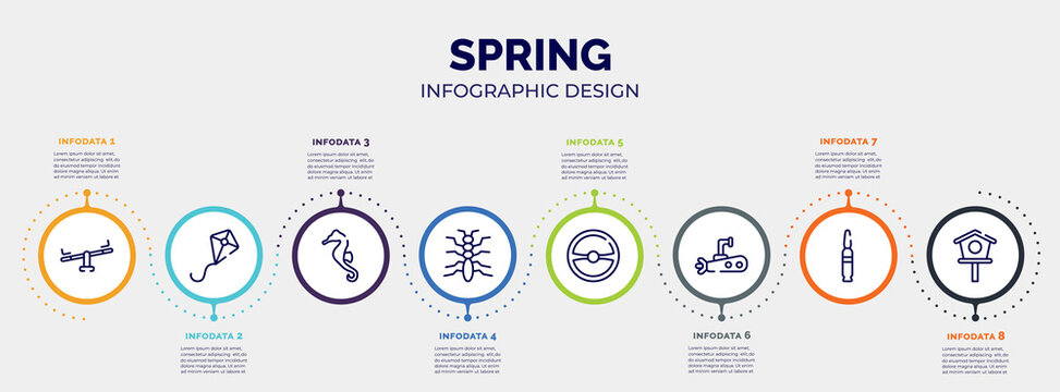 infographic for spring concept. vector infographic template with icons and 8 option or steps. included seesaw, kite, seahorse, tree lobster, steering wheel, submarine, bullets, birdhouse editable