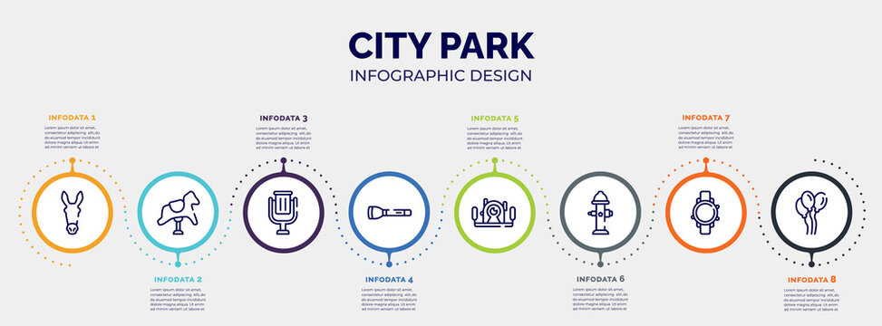 infographic for city park concept. vector infographic template with icons and 8 option or steps. included donkey, rocking horse, trash can, torch, underwater photography, fire hydrant, diving watch,
