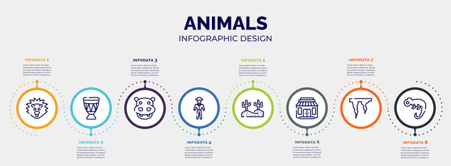 infographic for animals concept. vector infographic template with icons and 8 option or steps. included hedgehog, drum, hippopotamus, trainer, desert, gift shop, icicle, chameleon editable vector.