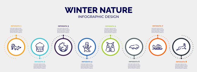 infographic for winter nature concept. vector infographic template with icons and 8 option or steps. included skunk, hut, tumbleweed, snowman, squirrel, mole, sled, hare editable vector.