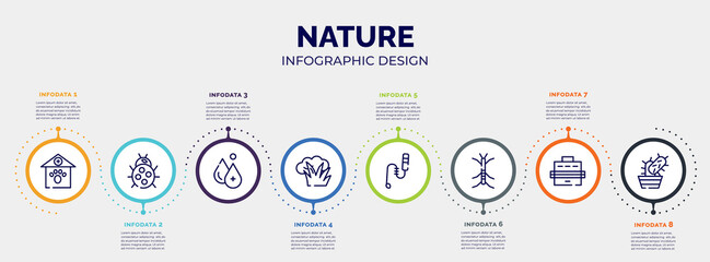 infographic for nature concept. vector infographic template with icons and 8 option or steps. included veterinary, ladybug, hydrotherapy, bush, teasing stick, stick insect, pet carrier, cactus © VectorStockDesign