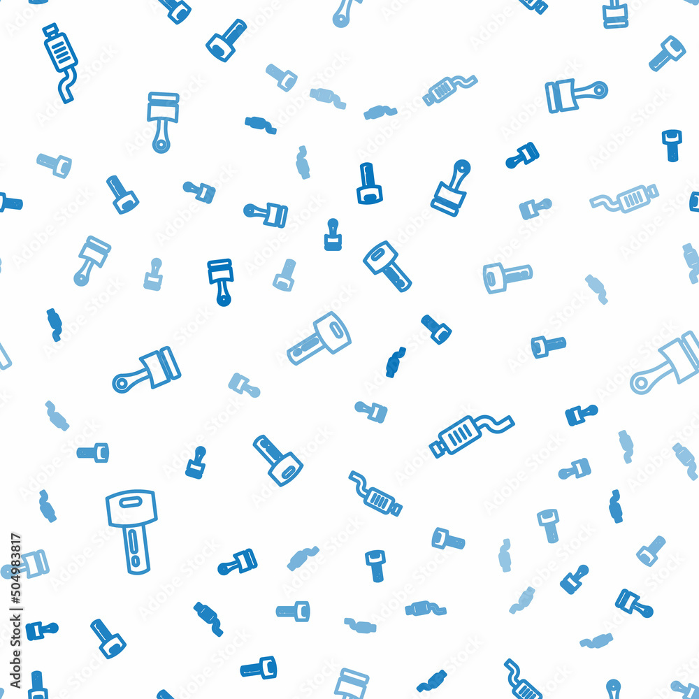Poster set line car key with remote, muffler and engine piston on seamless pattern. vector