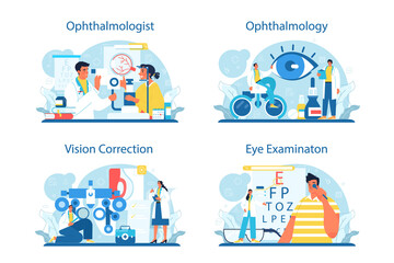 Ophthalmologist concept set. Idea of eyesight check and treatment.