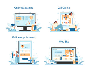 Therapist online service or platform set. Healthcare, medicine treatment