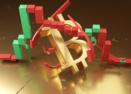 golden Bitcoin symbol and trading chart, falling and lost percentages at crypto market 3d-illustration