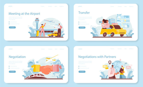 Travel agency web banner or landing page set. Transfer, tourists