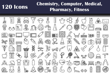 Set of 120 Icons Chemistry, Computer, Medical, Pharmacy, Fitness icons
