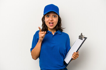 Young hispanic woman delivery man isolated on white background having an idea, inspiration concept.