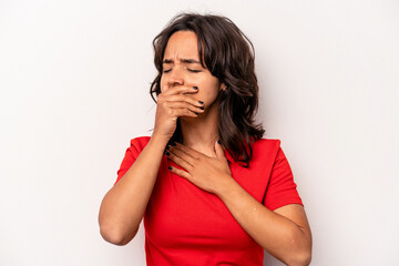 Young hispanic woman isolated on white background suffers pain in throat due a virus or infection.