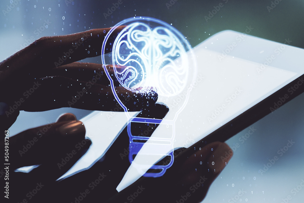 Aufkleber Creative light bulb with human brain hologram and hand working with a digital tablet on background, artificial Intelligence and neural networks concept. Multiexposure