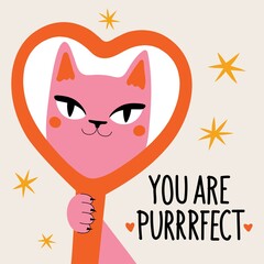 Vector illustration with pink cat looking in red heart shaped mirror. You are purrrfect lettering phrase. Trendy print design with text. Colored typography poster with domestic animal - 504987200
