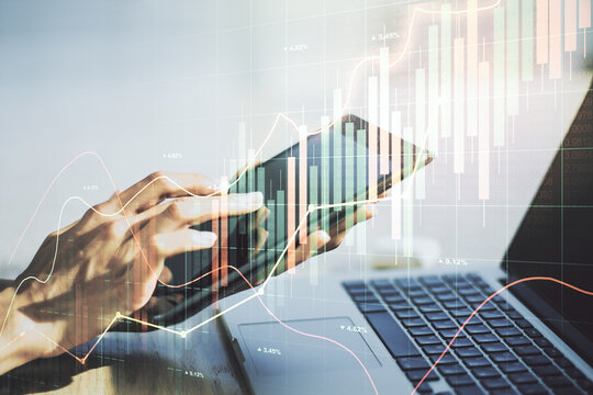 Multi exposure of abstract creative financial chart with finger presses on a digital tablet on background, research and analytics concept