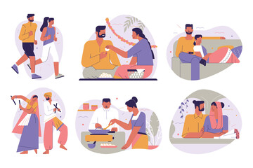 Happy Indian lovers set, couple spending time together. Husband